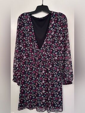 Express Black Floral Wrap-Front Tunic with Magenta and Lilac Accents